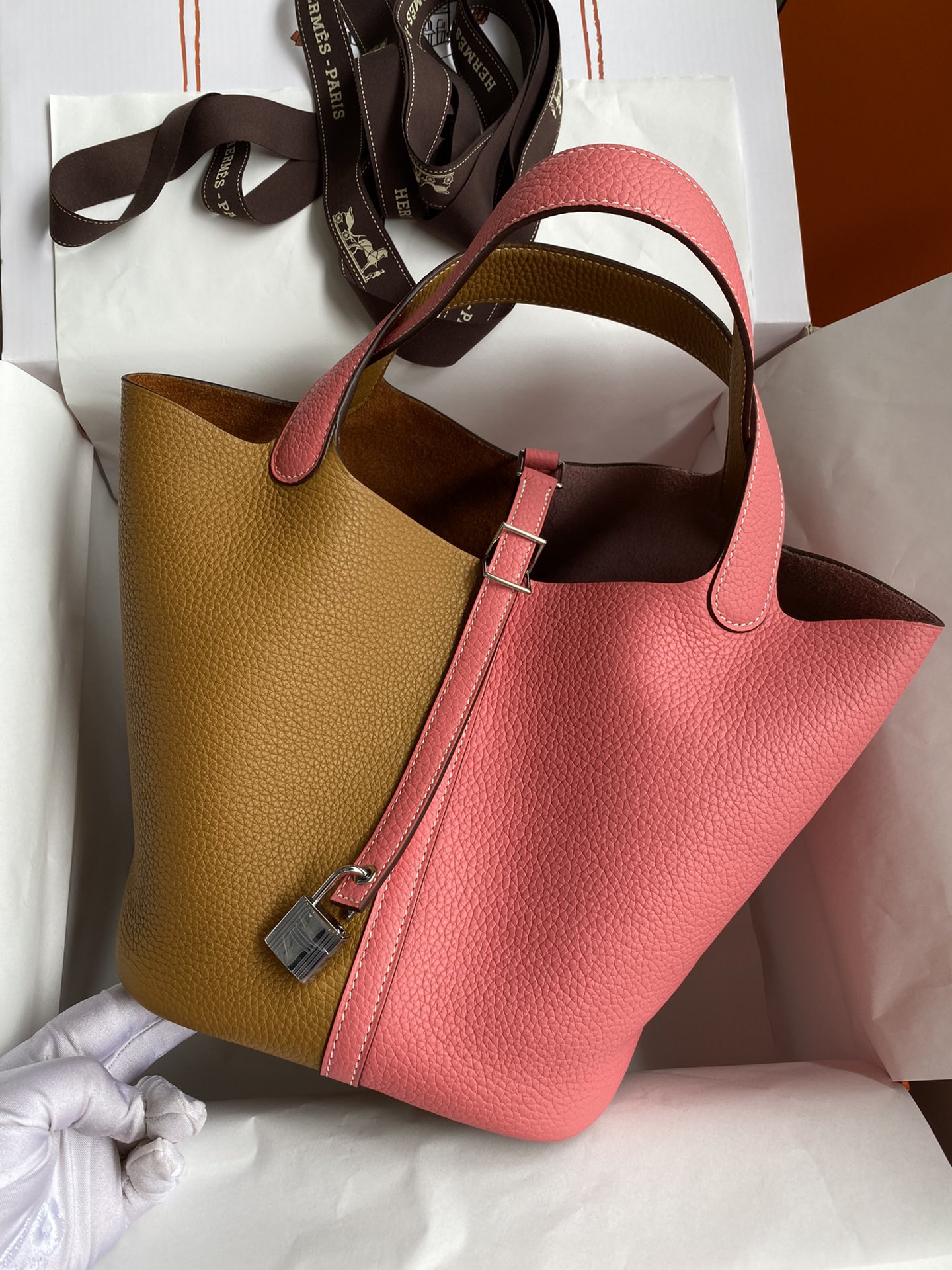 Hermes Picotin Lock 22 Bag In Pink/Brown Clemence Leather